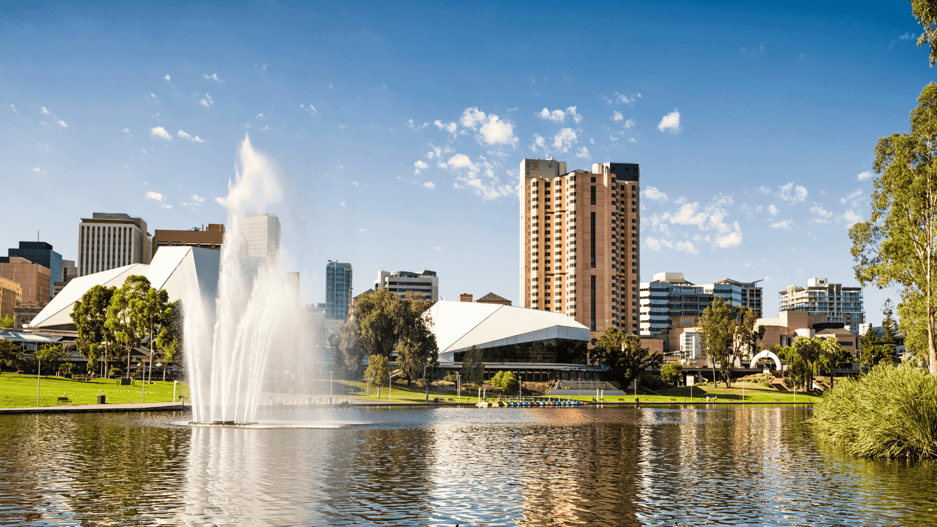A beautiful view of Adelaide city skyline featuring modern high-rise buildings, lush green parkland, and a prominent water fountain in the foreground