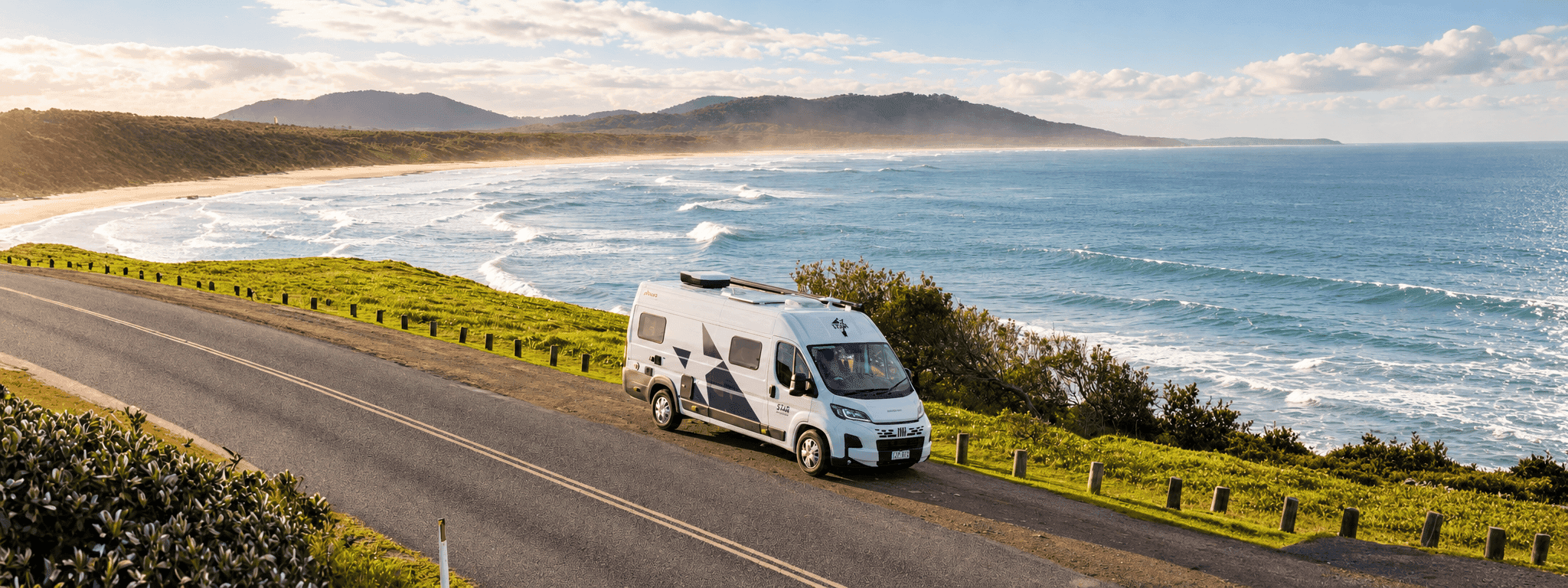 Polaris 2 motorhome hire parked on ocean road
