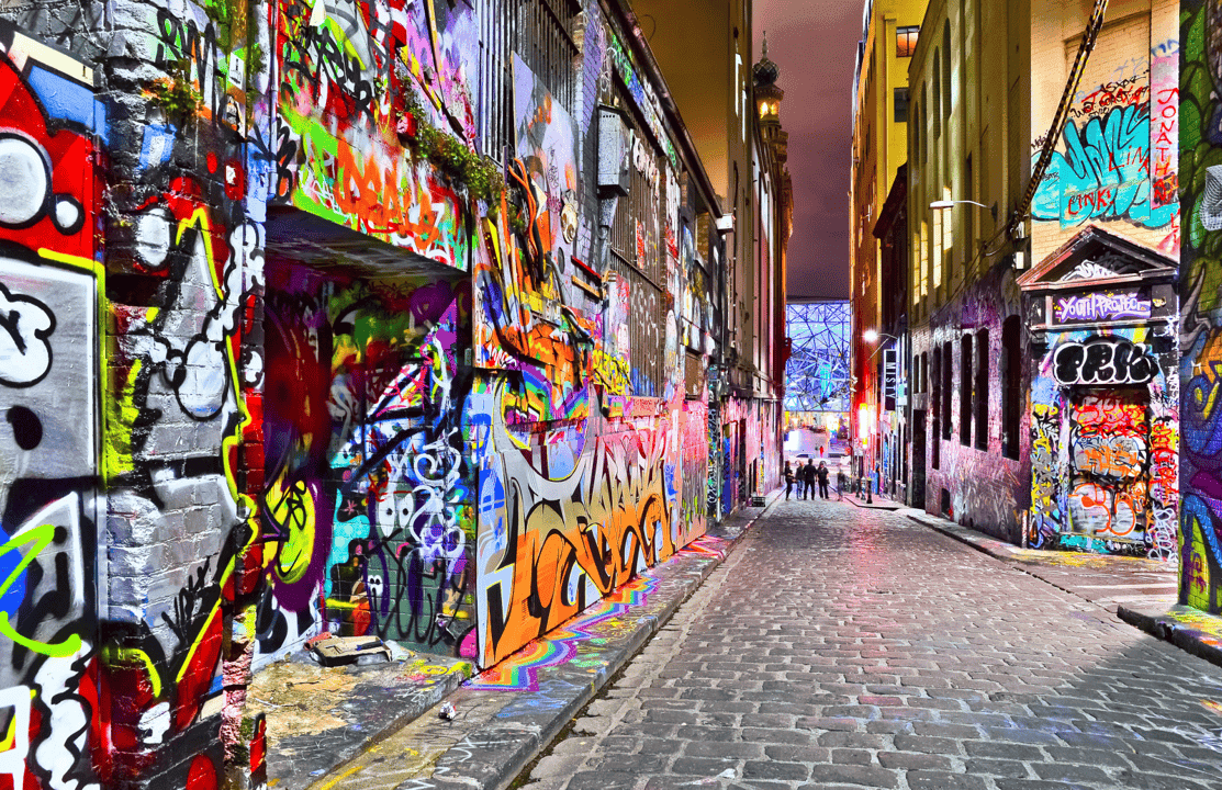 Melbourne's famous Hozier Lane dazzles visitors with bright street art.