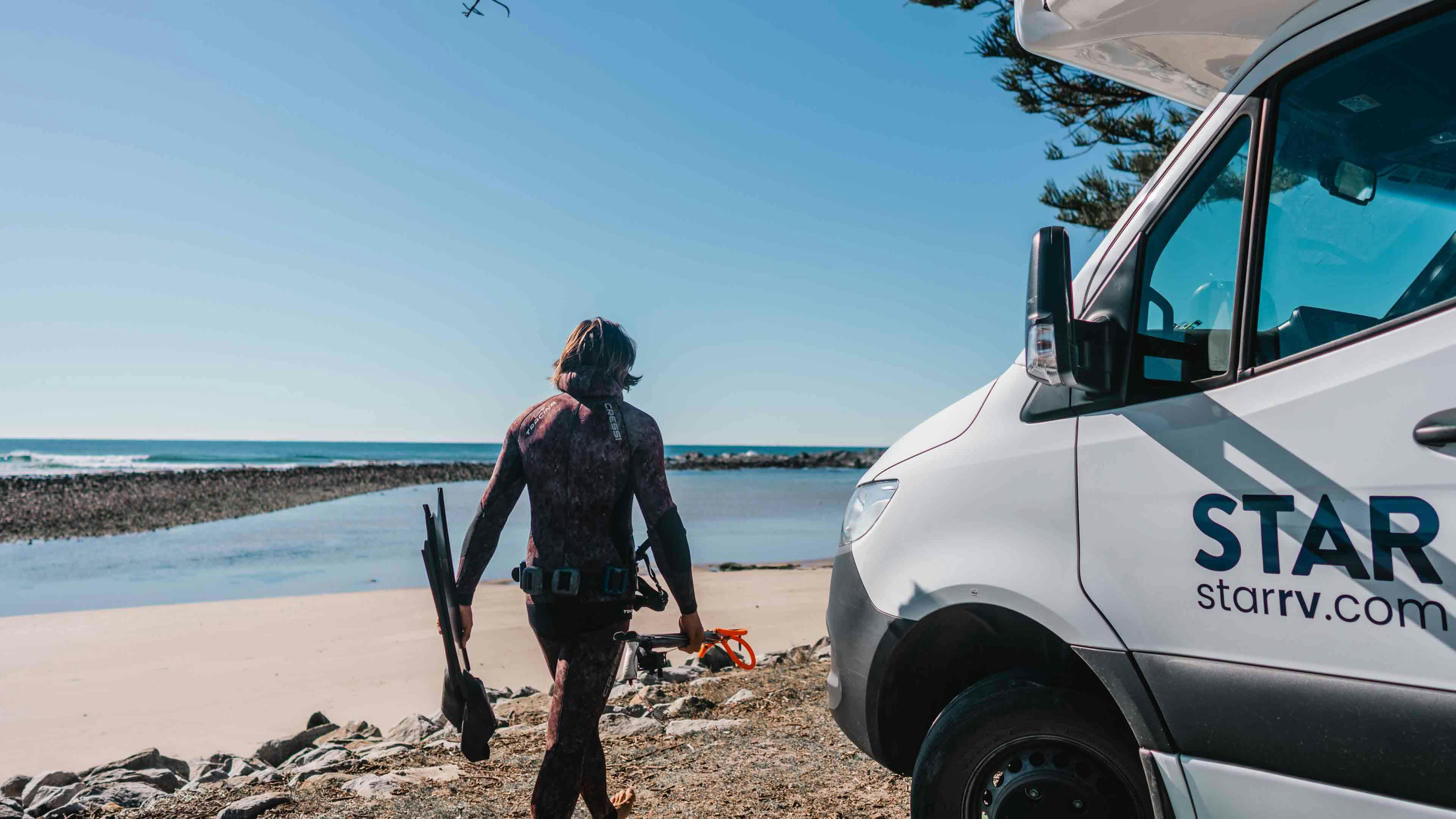 Diver in wetsuit by Star RV motorhome